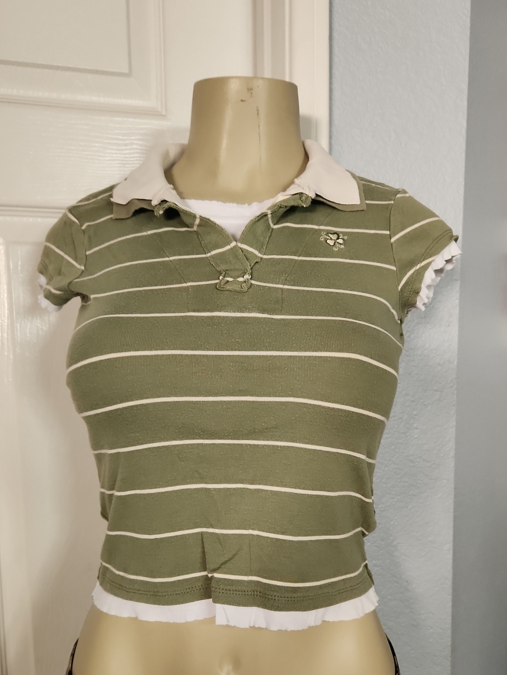 GIR'LS UNIONBAY Olive Green Striped Polo Crop Top with Cream Collar